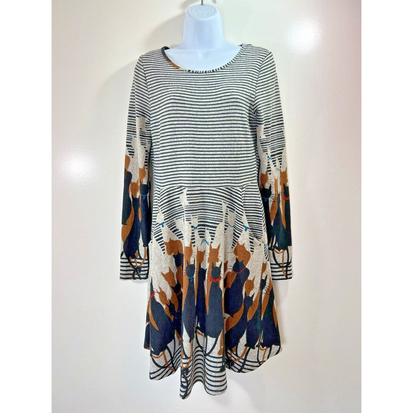 LA Soul Womens Knit Dress Size M Cat Lady Novelt Print Stripes Multicolor Office - Picture 1 of 9